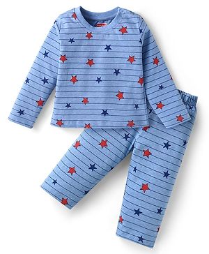 Babyhug Single Jersey Knit Full Sleeves Striped T-Shirt & Lounge Pant Set With Star Print - Blue
