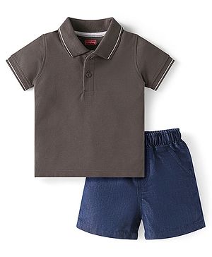 Babyhug Single Jersey Knit Half Sleeves Solid Colour Polo T-Shirt & Shorts Set - Grey & Blue