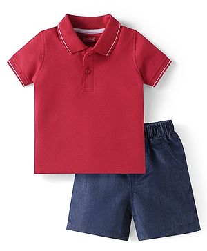 Babyhug Single Jersey Knit Half Sleeves Solid Colour Polo T-Shirt & Solid Denim Shorts Set - Red & Blue