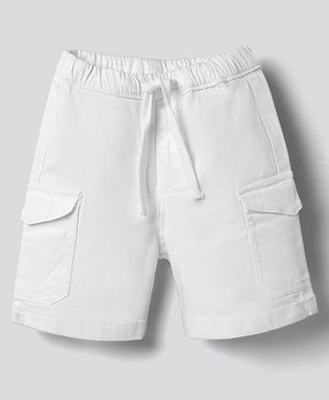 Bonfino Cotton Elastane Woven Knee Length Solid Cargo Pocket Denim Shorts - White