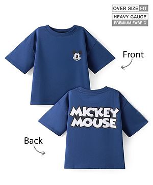Pine Kids Disney Terry Knit Half Drop Shoulder Sleeves Over Size Fit T-Shirt with Mickey Mouse Graphic - Navy Blue