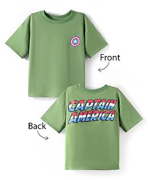 Pine Kids Marvel Terry Knit Half Drop Shoulder Sleeves T-Shirt with Captain America Graphic - Green