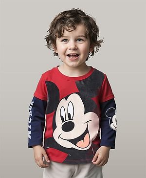 Babyhug Disney Single Jersey Knit  Full Sleeves Cut & Sew T-Shirt With Front & Back Mickey Mouse Graphic - Red