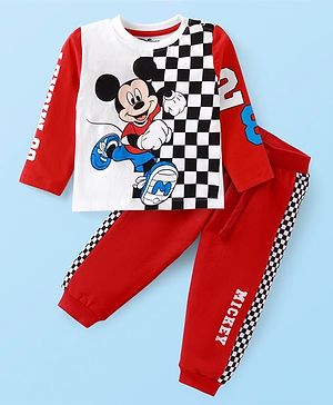 Babyhug Disney Terry Knit Full Sleeves T-Shirt & Lounge Pant Set With Mickey Mouse Graphics - Red & White