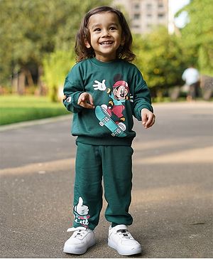 Nap Chief Mickey Mouse & Friends Featuring Pure Cotton Full Sleeves Character Printed Oversized Sweatshirt With Joggers Set - Green