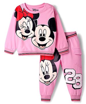 Babyhug Disney Terry Knit Full Sleeves T-Shirt & Track Pant Set with Minnie Mouse Graphics - Pink