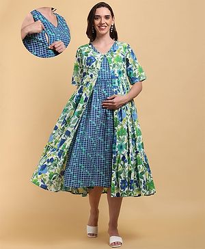 CHARISMOMIC Cotton Checked Maternity Dress With Side Seam Nursing Access & Half Sleeves Floral Printed Shrug - Blue