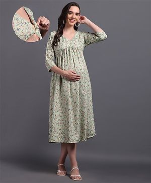 CHARISMOMIC Cotton Three Fourth Sleeves Floral Printed Maternity Dress With Center Front Nursing Access - Light Green