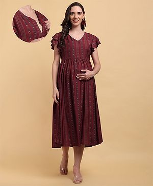 CHARISMOMIC Half Sleeves Abstract Printed Maternity Dress With Concealed Zipper Nursing Access - Maroon