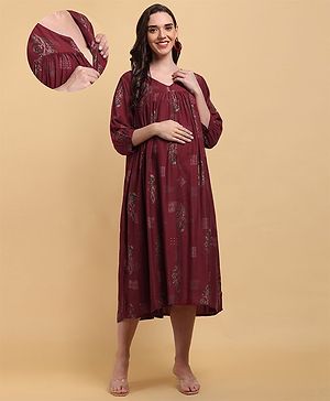 CHARISMOMIC Three Fourth Sleeves Floral Printed Maternity Dress With Conceled Zipper Nursing Access - Maroon