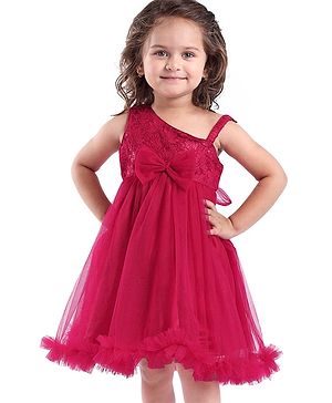 Babyhug  Woven Sleeveless  Party Wear Fit & Flare  Glitter Dress With Embroidery Details & Bow Applique - Dark Pink