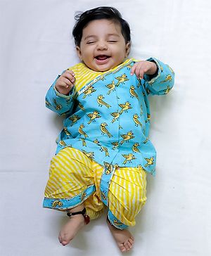 BownBee Full Sleeves Parrots Printed & Lace Embellished Dhoti Kurta Set - Yellow