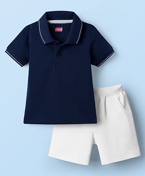 Babyhug Single Jersey Knit Half Sleeves Solid Color Polo T-Shirt and Shorts Set - Navy Blue