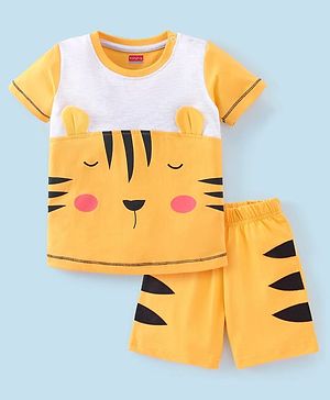 Babyhug Cotton Half Sleeves Night Suit Tiger Print- Yellow