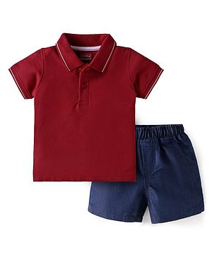Babyhug Single Jersey Knit Half Sleeves Solid Colour Polo T-Shirt & Denim Shorts Set - Red & Blue