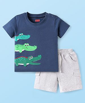 Babyhug Single Jersey Knit Half Sleeves T-Shirt & Shorts Set with Dino Print - Navy Blue & Grey