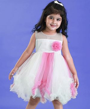 Babyhug Woven Sleeveless Party Dress With Glitter Print & Floral Applique - White & Pink