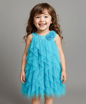 Babyhug Woven Sleeveless Dress With Ruffle & Floral Applique - Light Blue