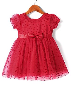 Babyhug Woven Half Puffed Sleeves Heart Designed Fit & Flared Party Dress with Bow Applique - Red