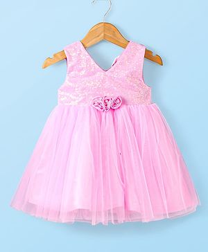 Babyhug Woven Sleeveless Party Dress With Floral Corsage & Sequinned Yoke - Pink
