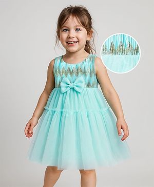 Babyhug Woven Sleeveless Shimmer Mesh Dress with Bow Applique & Designer Yoke - Aqua Blue