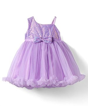 Babyhug Woven Sleeveless Sequined Yoke Fit & Flared Party Dress with Bow Applique & Frill Detailing at Hem  - Lilac
