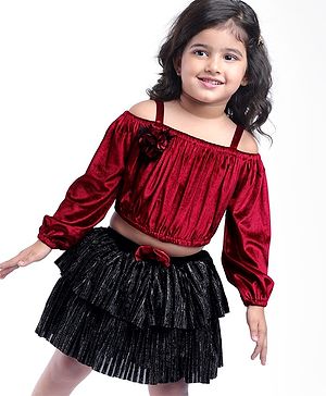 Babyhug Velvet Off Shoulder Top & Layered Skirt Set with Bow & Flower Applique - Maroon & Black