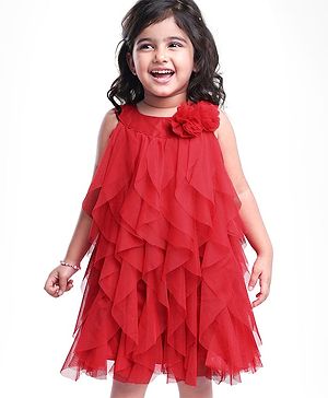 Babyhug Woven Sleeveless Line Mesh Party Dress with Ruffles & Floral Applique - Red