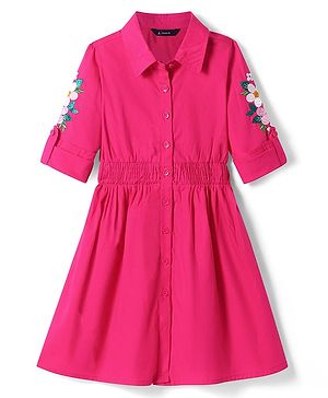 Pine Kids Cotton Woven Full Sleeves Collared Front Open Shirt Dress with Floral Embroidery - Dark Pink