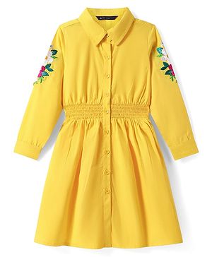 Pine Kids Cotton Woven Full Sleeves Front Open Collared Shirt Dress with Floral Embroidery - Yellow