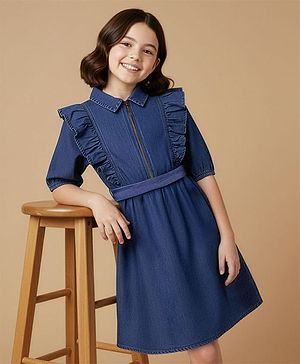 Pine Kids Cotton Woven Half Peasant Sleeves Collared Frock with Frill Detailing - Navy Blue