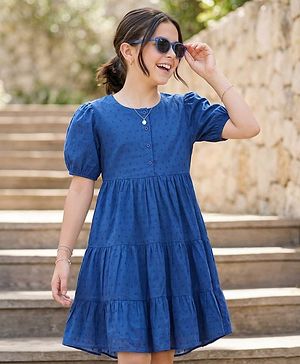 Pine Kids Cotton Woven Half Puffed Sleeves Frock with Small Embroidery - Blue