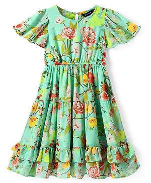 Pine Kids Woven Flutter Sleeves Frock with Floral Print & Frill Detailing - Light Green