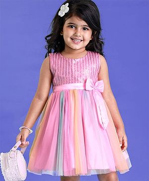 Babyhug Woven Sleeveless Fit & Flare Mesh Party Dress With Sequinned Yoke & Bow Detailing - Pink