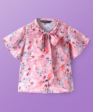 Pine Kids Woven Half Sleeves Floral Printed Top With Inner Slip & Bow Applique - Pink