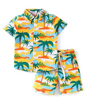 Babyhug Single Jersey Knit Half Sleeves Shirt & Shorts Set with Beach Theme Print - Yellow