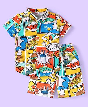 Babyhug Single Jersey Knit Half Sleeves Shirt & Shorts Set with Comic Text Print - Yellow & Blue