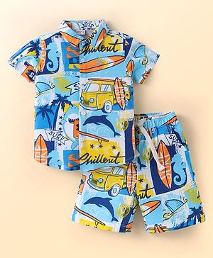 Babyhug Single Jersey Knit Half Sleeves Shirt & Shorts Set with Beach Theme Print - Light Blue
