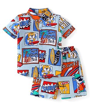 Babyhug Single Jersey Knit Half Sleeves Shirt & Shorts Set with Animal & Beach Print - Blue