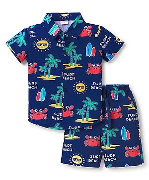 Babyhug Single Jersey Knit Shirt & Shorts Set Beach Theme Print - Navy Blue
