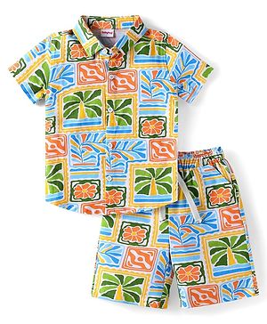Babyhug Single Jersey Knit Half Sleeves Shirt & Shorts Co-Ords Set with Tropical Print - Yellow & Blue