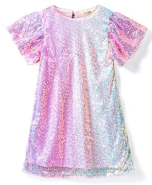 Primo Gino Woven Half Sleeves Sequinned Party Frock - Pink