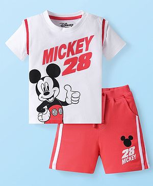Babyhug Disney Single Jersey Knit Half Sleeves T-Shirt & Shorts Set With Mickey Mouse Graphics -Red & White