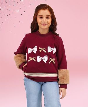 Cutecumber Fleece Full Sleeves Bow Applique Detailed Sweatshirt - Plum