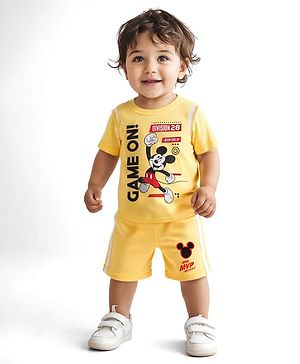 Babyhug Disney Single Jersey Knit Half Sleeves T-Shirt & Shorts Set With Mickey Mouse Graphics - Yellow