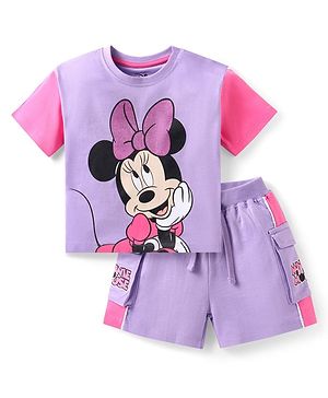 Babyhug Disney Cotton Knit Drop Shoulder Half Sleeves T-shirt & Shorts With Minnie Mouse Graphics and Foil Detailing - Lilac