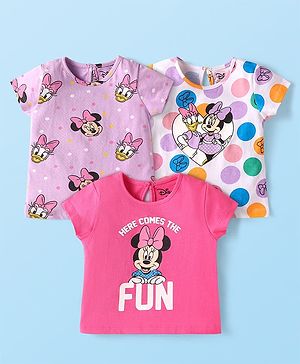 Babyhug Disney Single Jersey Knit Half Sleeves T-Shirt with Minnie Mouse Graphics Pack of 3 - Lavender Pink & White
