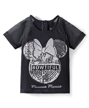 Babyhug Disney Half Raglan Sleeves T-Shirt with Minnie Mouse Graphics Mesh & Sequins Detailing - Black