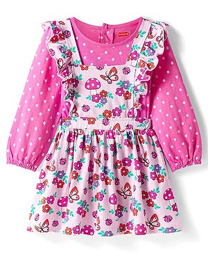 Babyhug Cotton Knit Full Peasant Sleeves Polka Dots & Floral Printed Top & Frock - Dark Pink