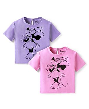 Babyhug Disney Single Jersey Knit Half Sleeves Drop Shoulder Oversized T-Shirt with Front & Back Minnie Mouse Graphics Pack of 2 - Pink & Purple